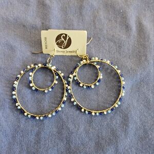Stony Jewery Double Hoops with Blue Stones  Gold Colored